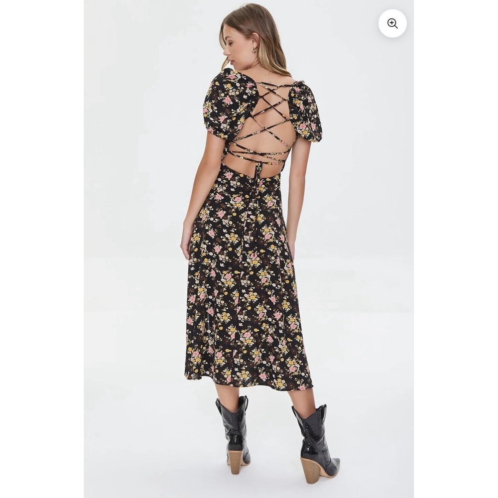 Forever‎ 21 Floral Lace Back Satin Midi Dress Puff Sleeve Size M